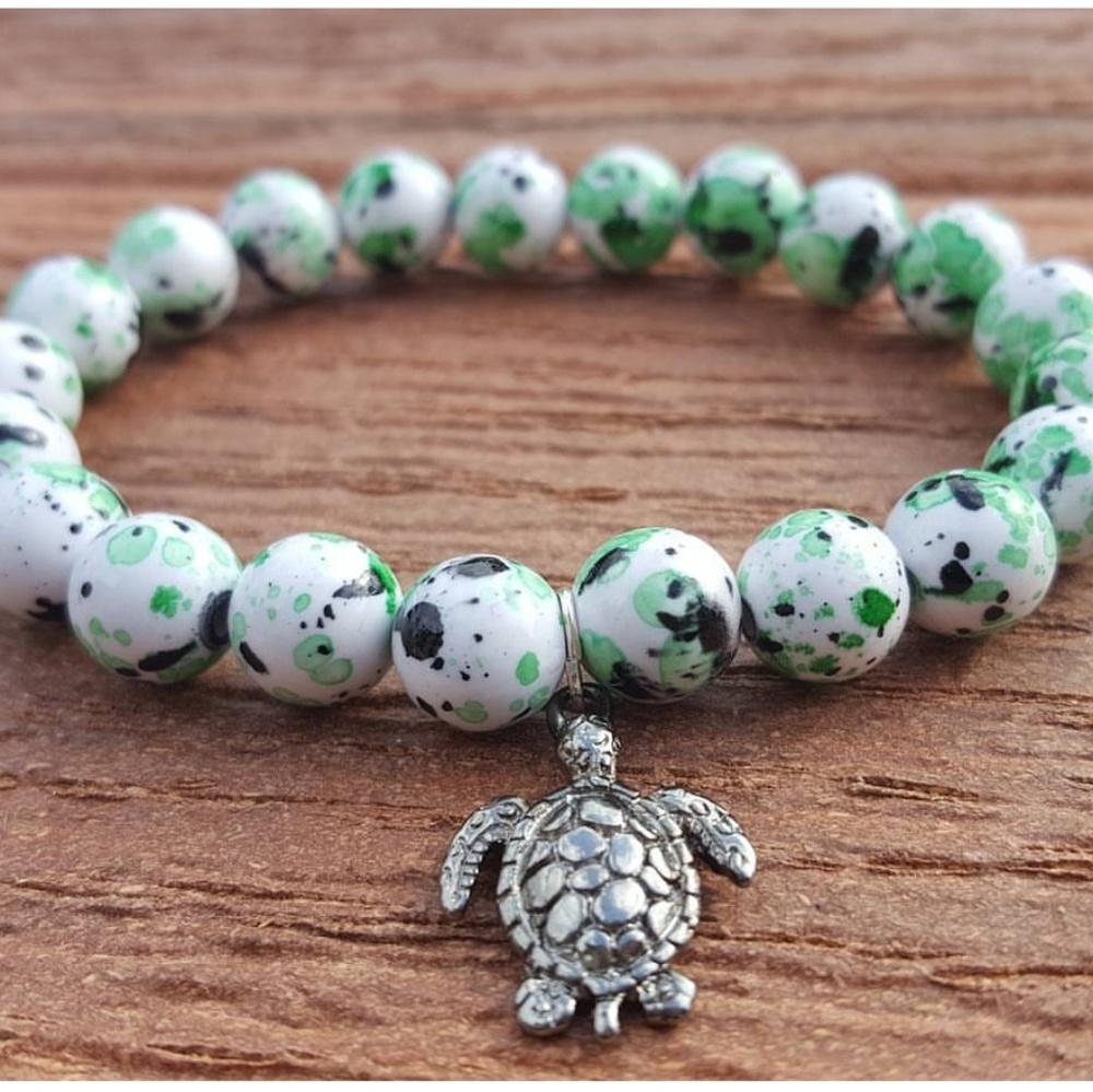 Turtle - White with Green & Black Beads Bracelet